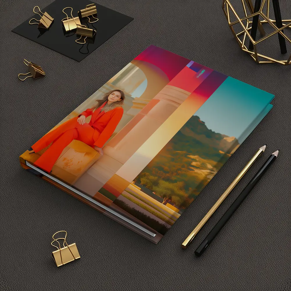 Woman Orange Suit Colorful Architectural Background – Notebooks