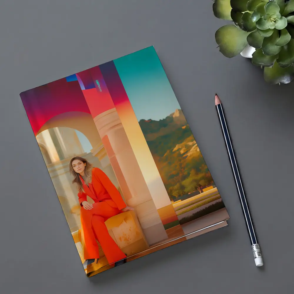 Woman Orange Suit Colorful Architectural Background – Notebooks