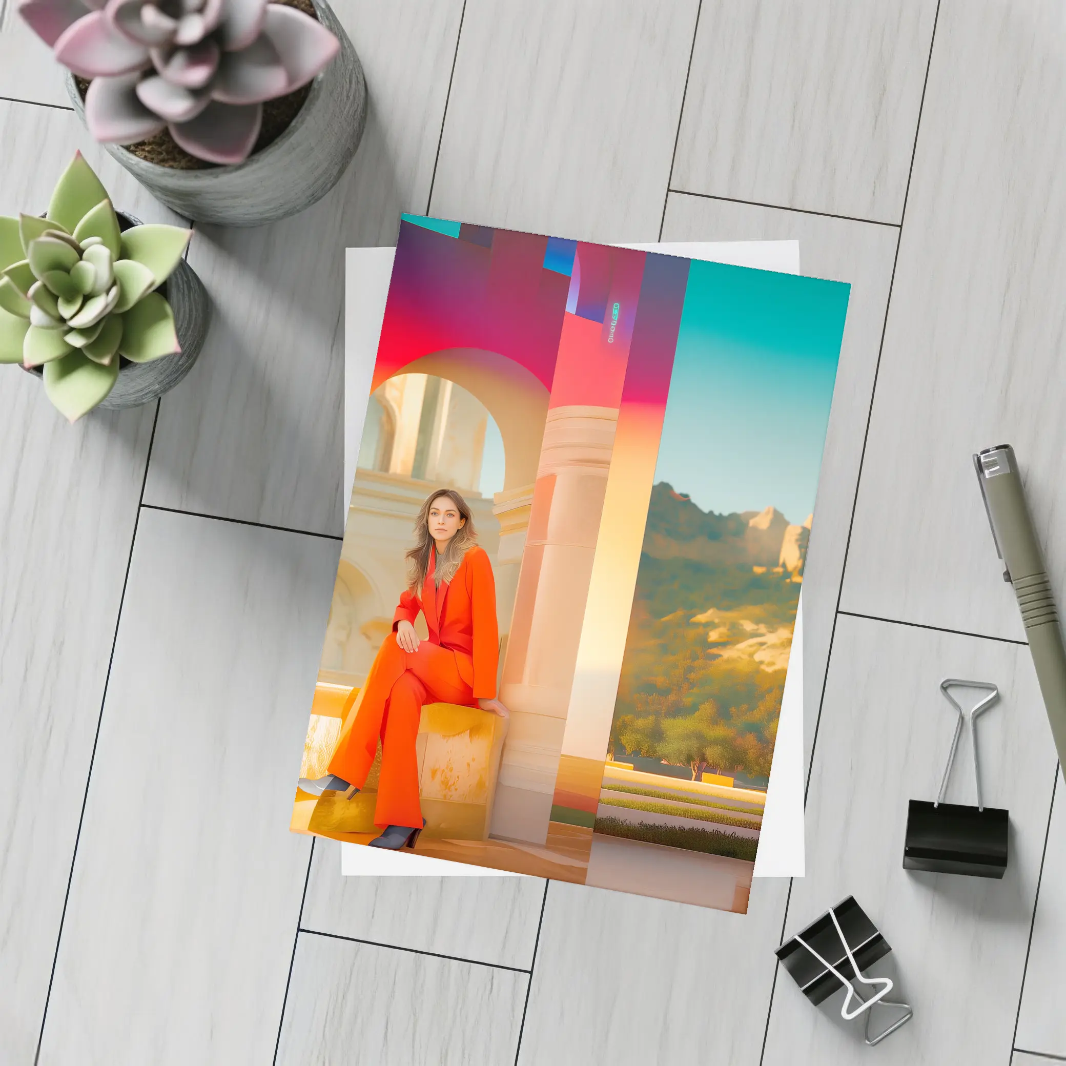 Woman Orange Suit Colorful Architectural Background – Postcards