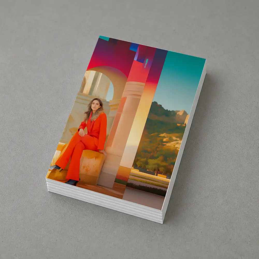 Woman Orange Suit Colorful Architectural Background – Postcards
