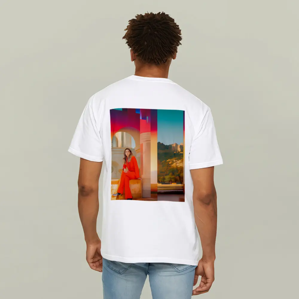Woman Orange Suit Colorful Architectural Background – T-Shirts