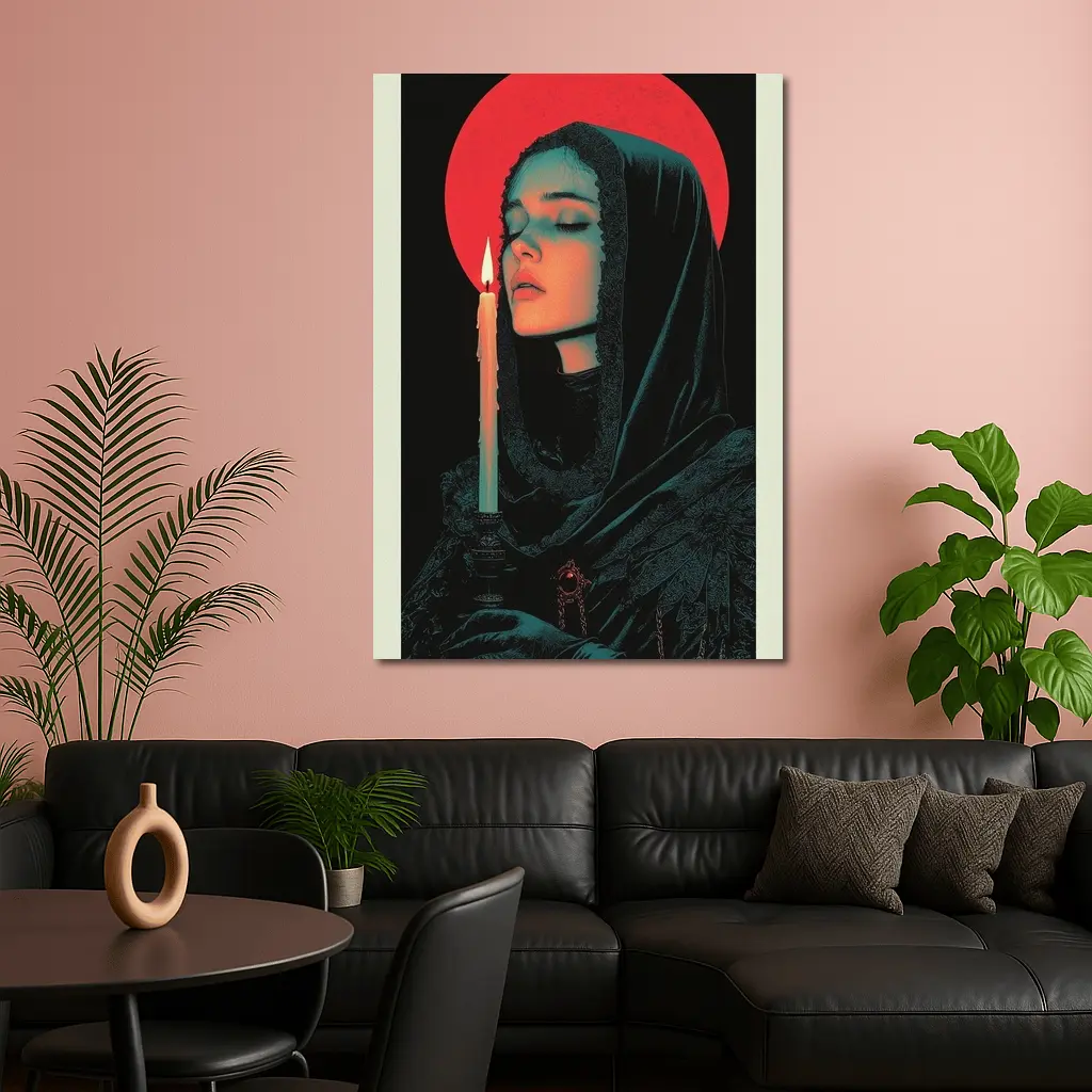 Dark Gothic Woman Candle Red Halo – Wall Art