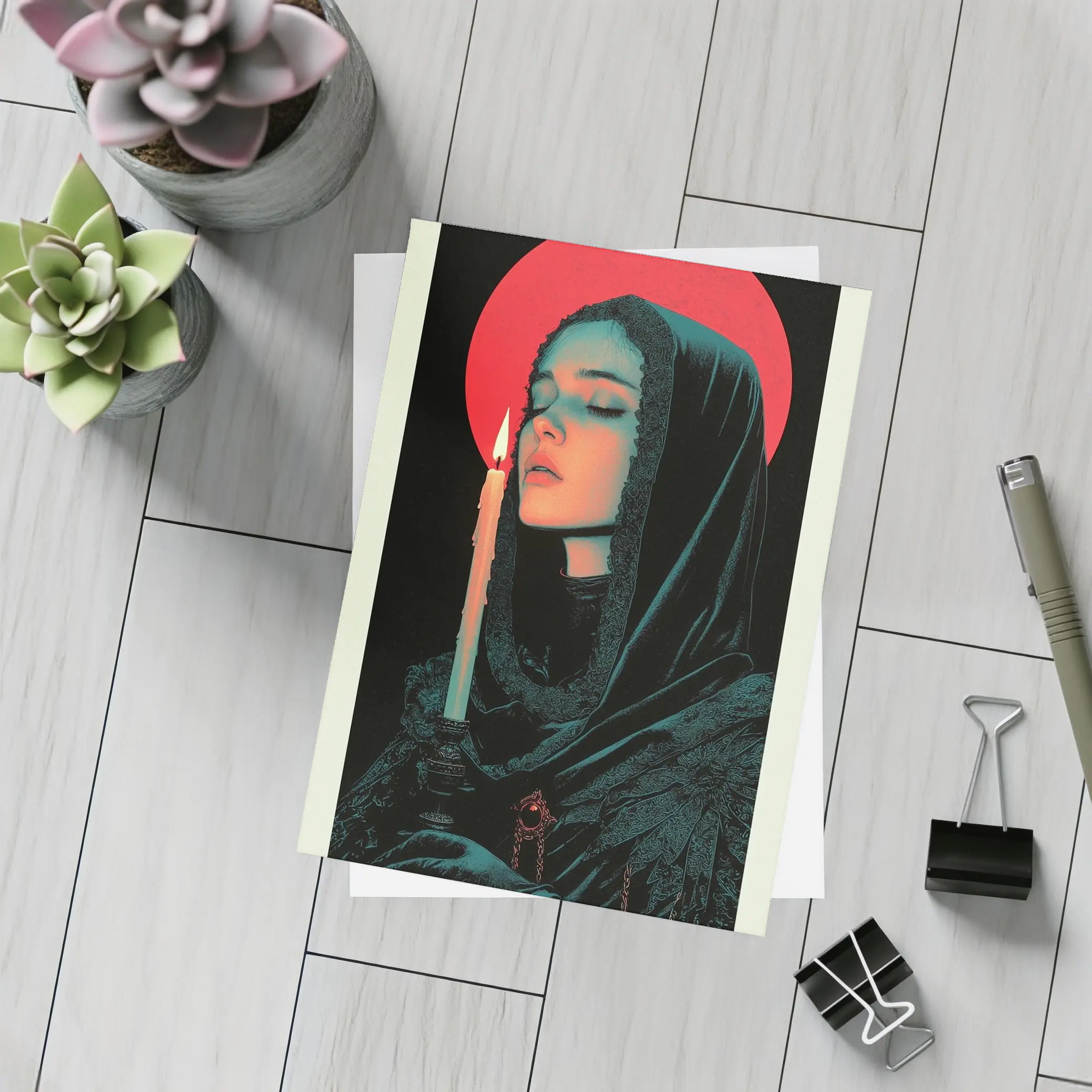 Dark Gothic Woman Candle Red Halo – Postcards