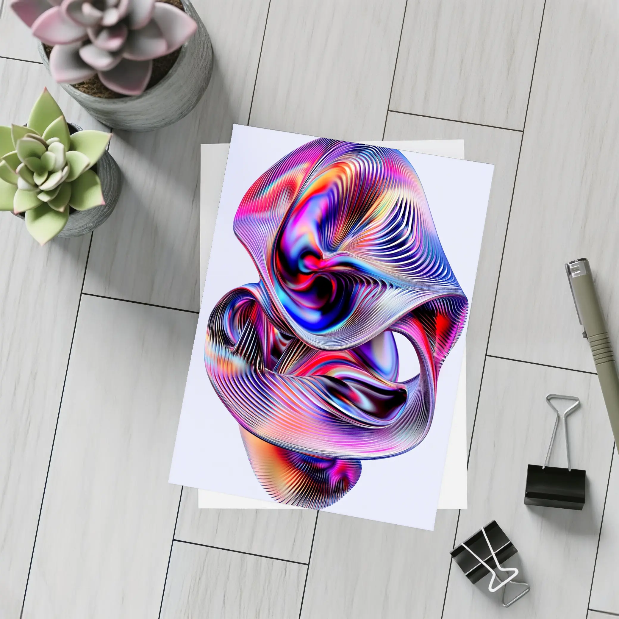 Iridescent Abstract Fluid Sculpture On Gray – Postcards
