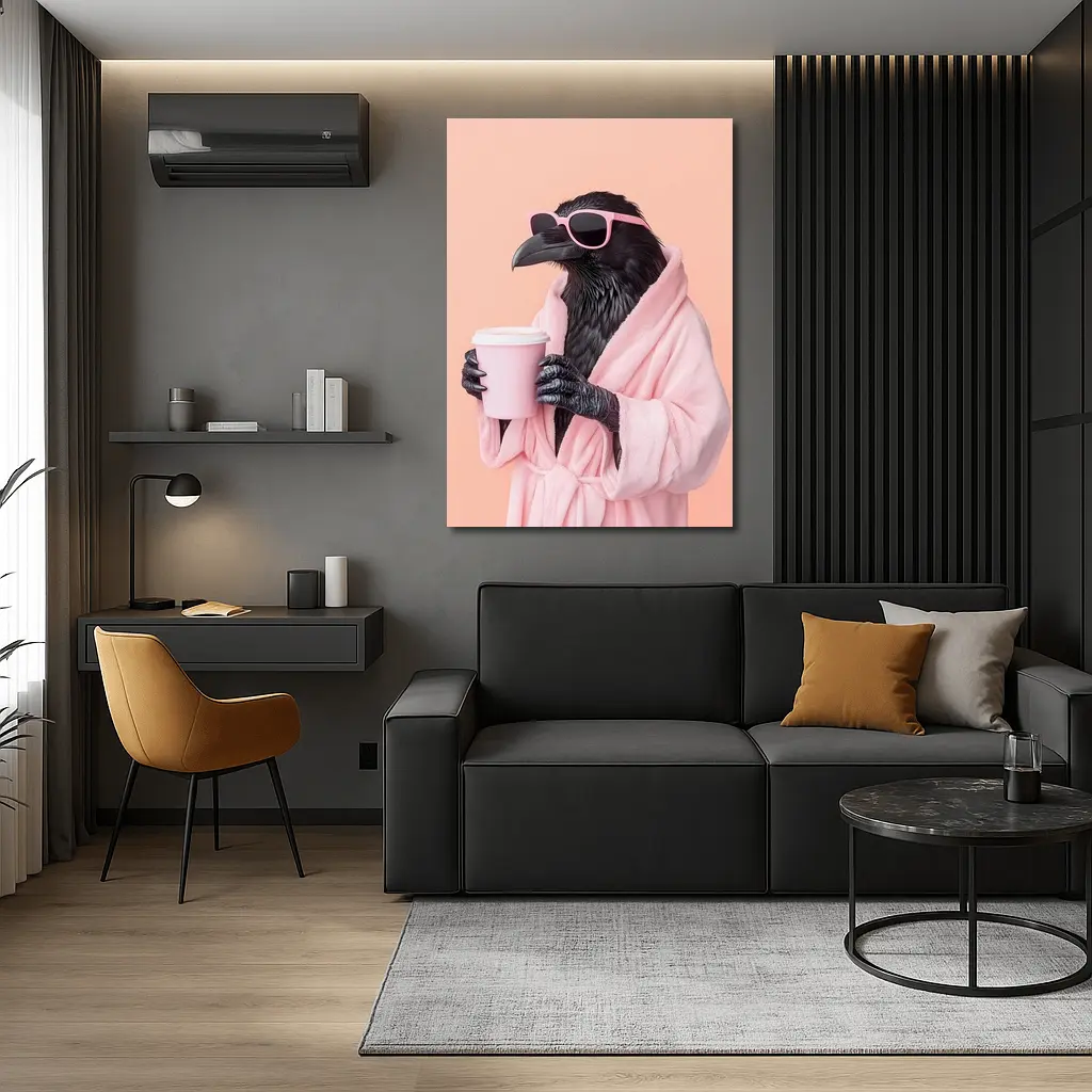 Raven In Pink Robe Holding Coffee Cup – Wall Art