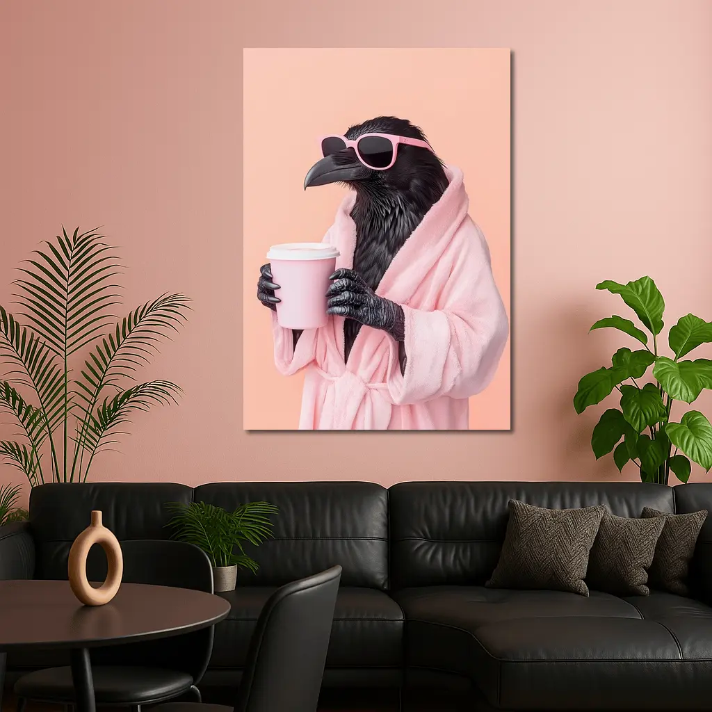 Raven In Pink Robe Holding Coffee Cup – Wall Art