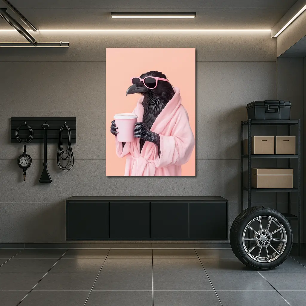 Raven In Pink Robe Holding Coffee Cup – Wall Art