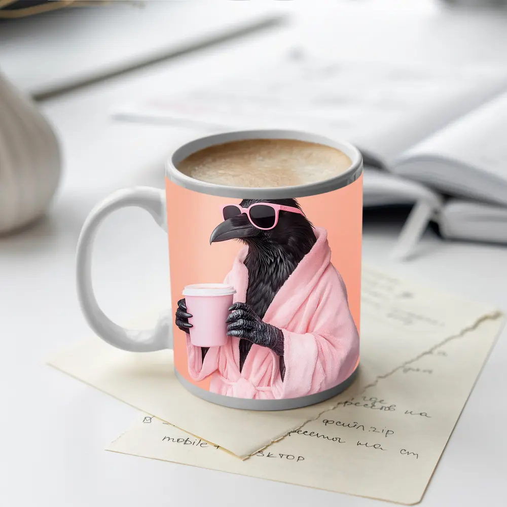 Raven In Pink Robe Holding Coffee Cup – Mugs