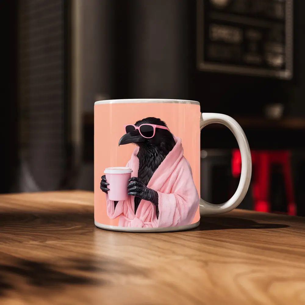 Raven In Pink Robe Holding Coffee Cup – Mugs