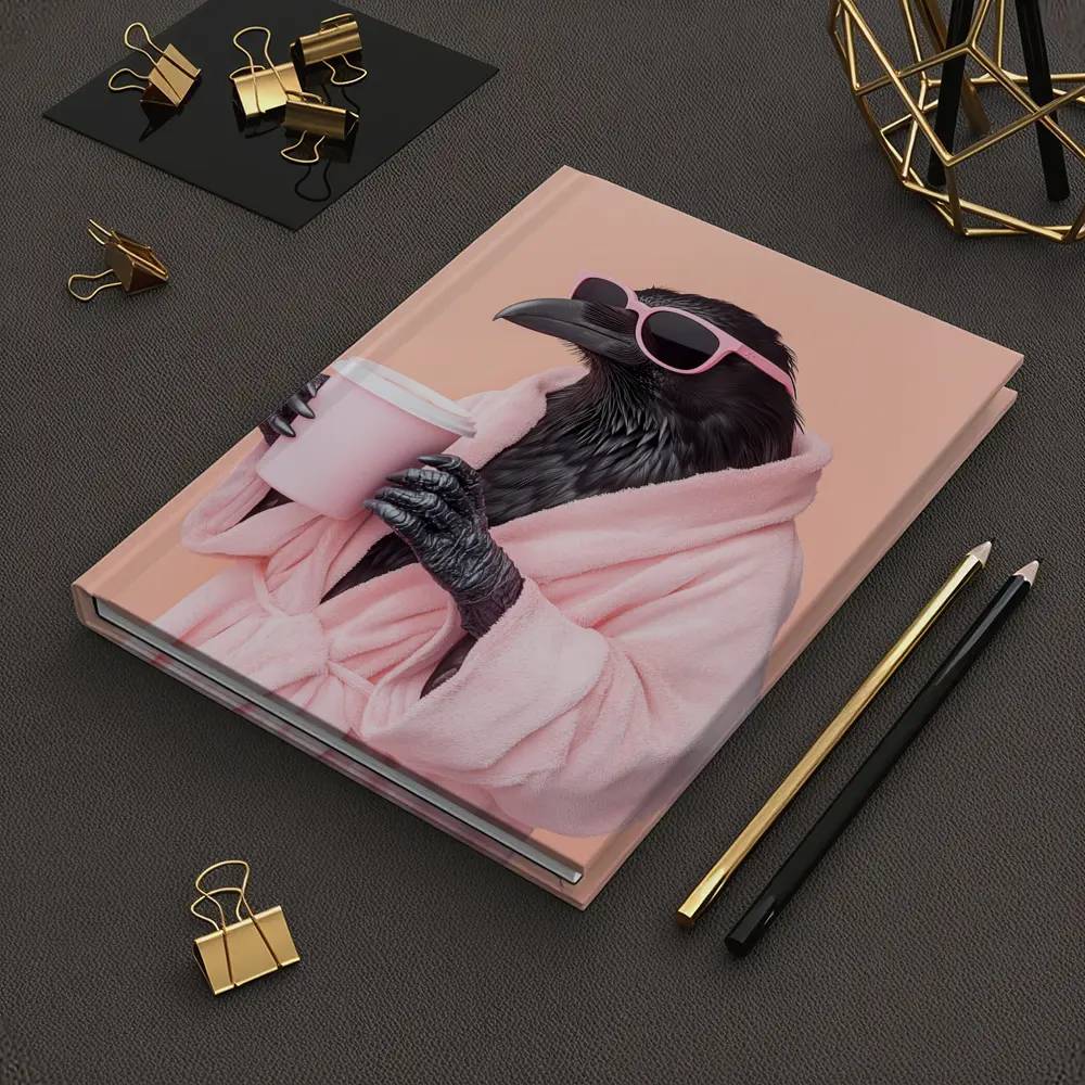 Raven In Pink Robe Holding Coffee Cup – Notebooks