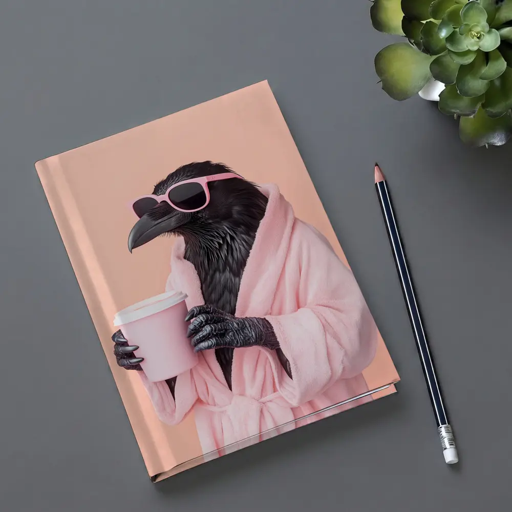 Raven In Pink Robe Holding Coffee Cup – Notebooks