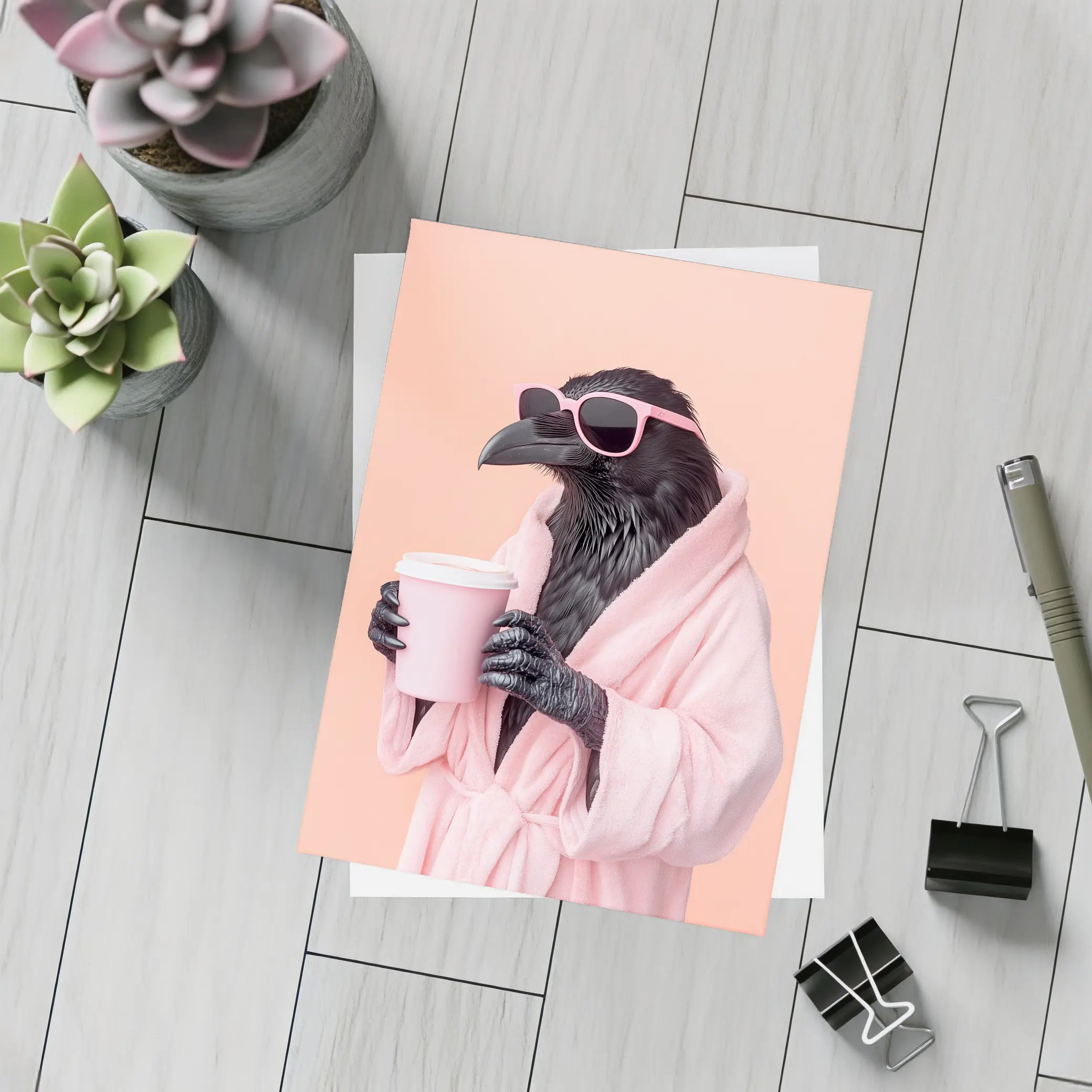 Raven In Pink Robe Holding Coffee Cup – Postcards