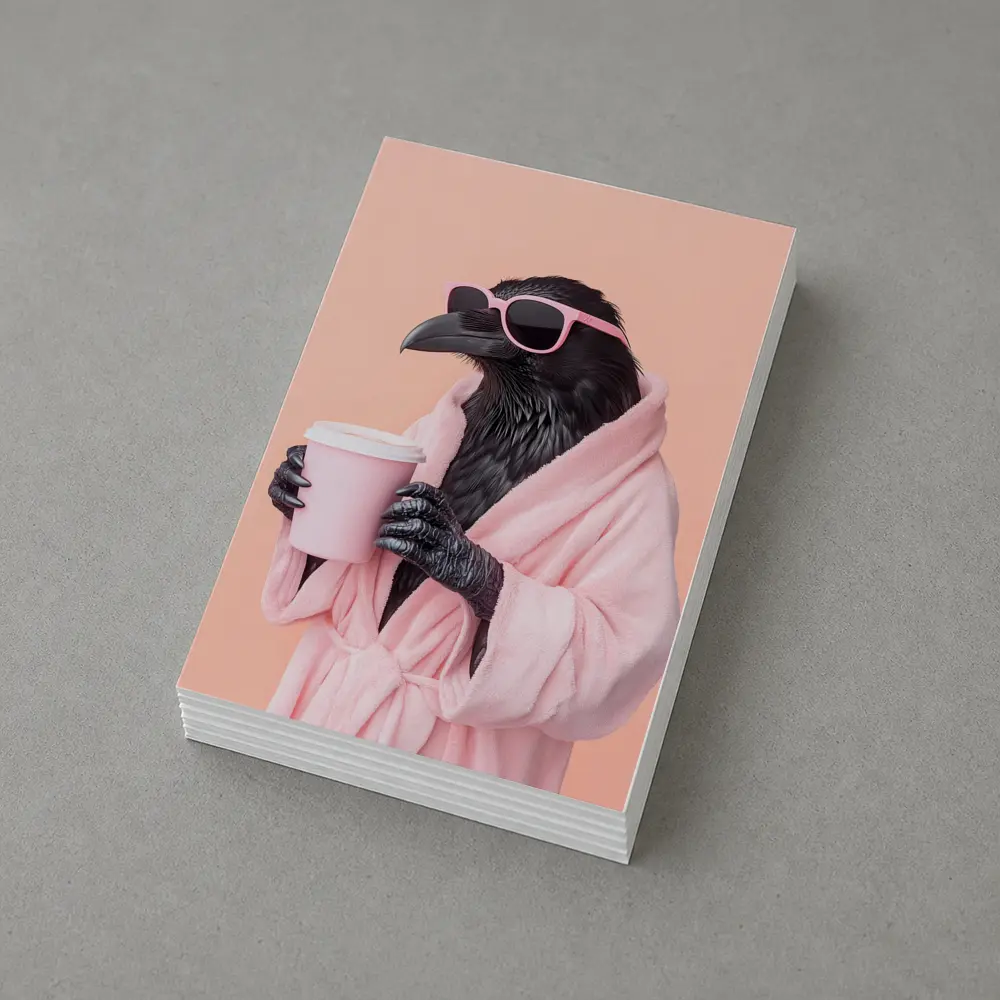 Raven In Pink Robe Holding Coffee Cup – Postcards
