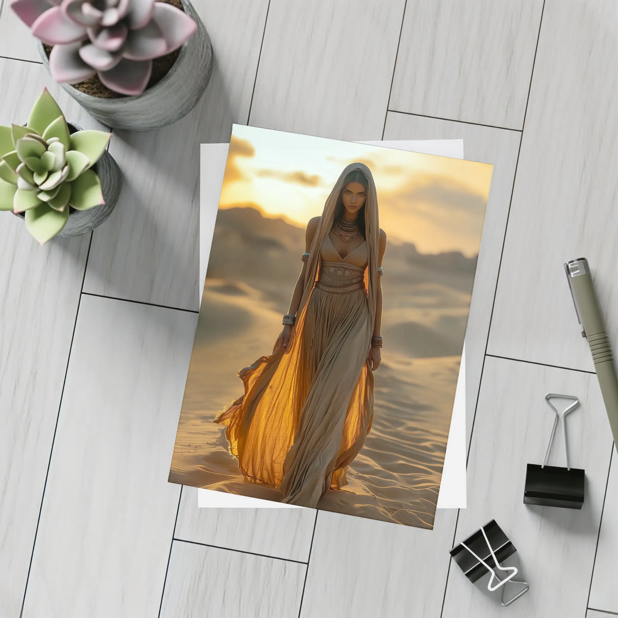 Desert Woman Golden Sand Dunes Sunset – Postcards