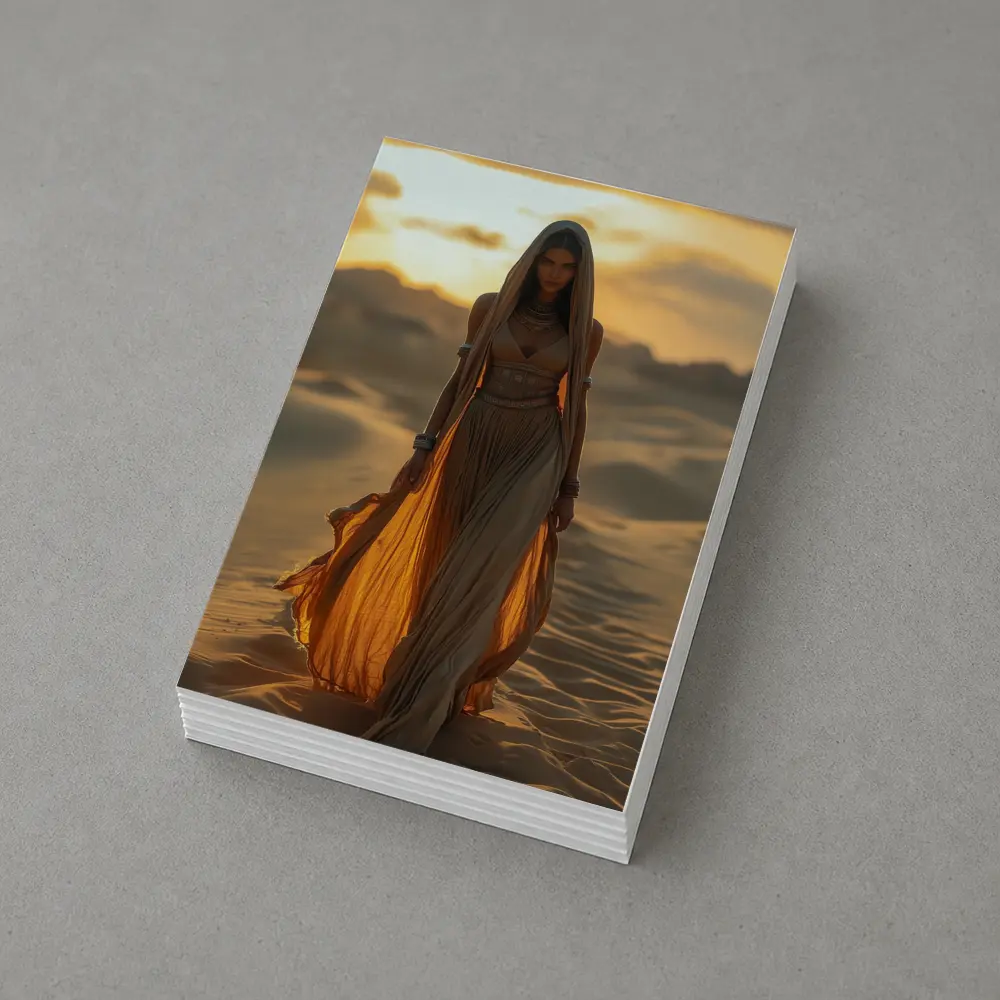 Desert Woman Golden Sand Dunes Sunset – Postcards