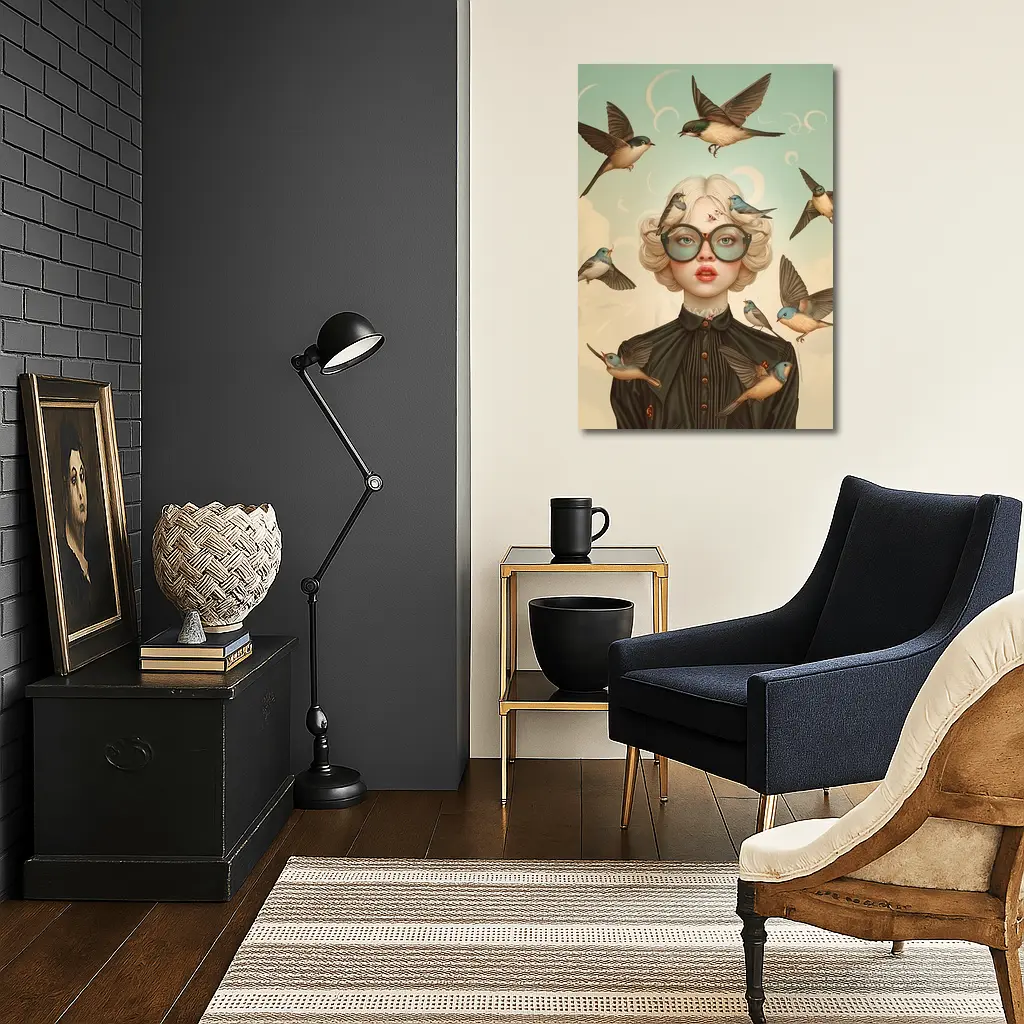 Blonde Woman Birds Surreal Pop Art – Wall Art