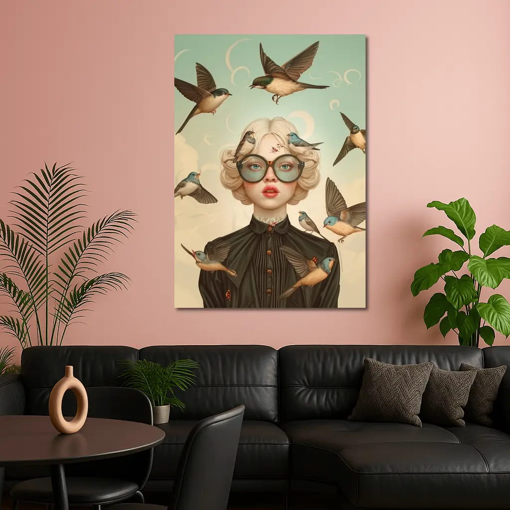 Blonde Woman Birds Surreal Pop Art – Wall Art