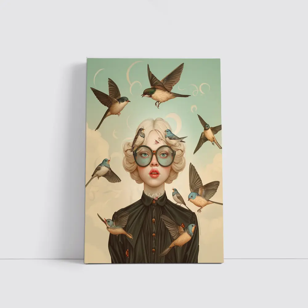 Blonde Woman Birds Surreal Pop Art – Wall Art