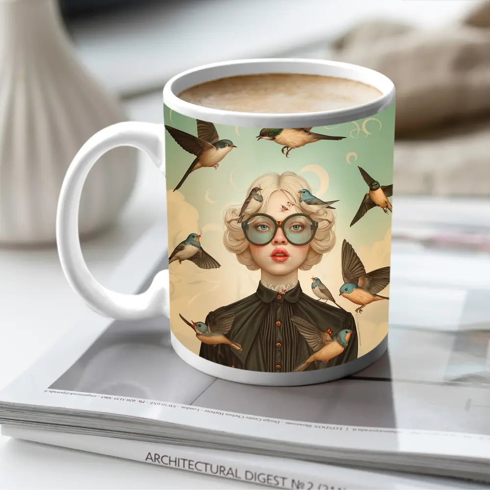 Blonde Woman Birds Surreal Pop Art – Mugs