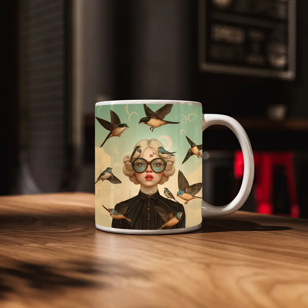 Blonde Woman Birds Surreal Pop Art – Mugs