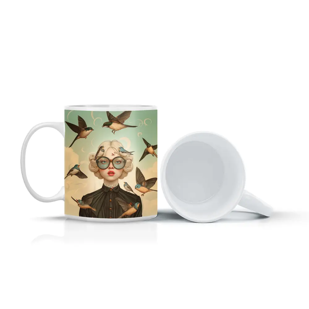 Blonde Woman Birds Surreal Pop Art – Mugs