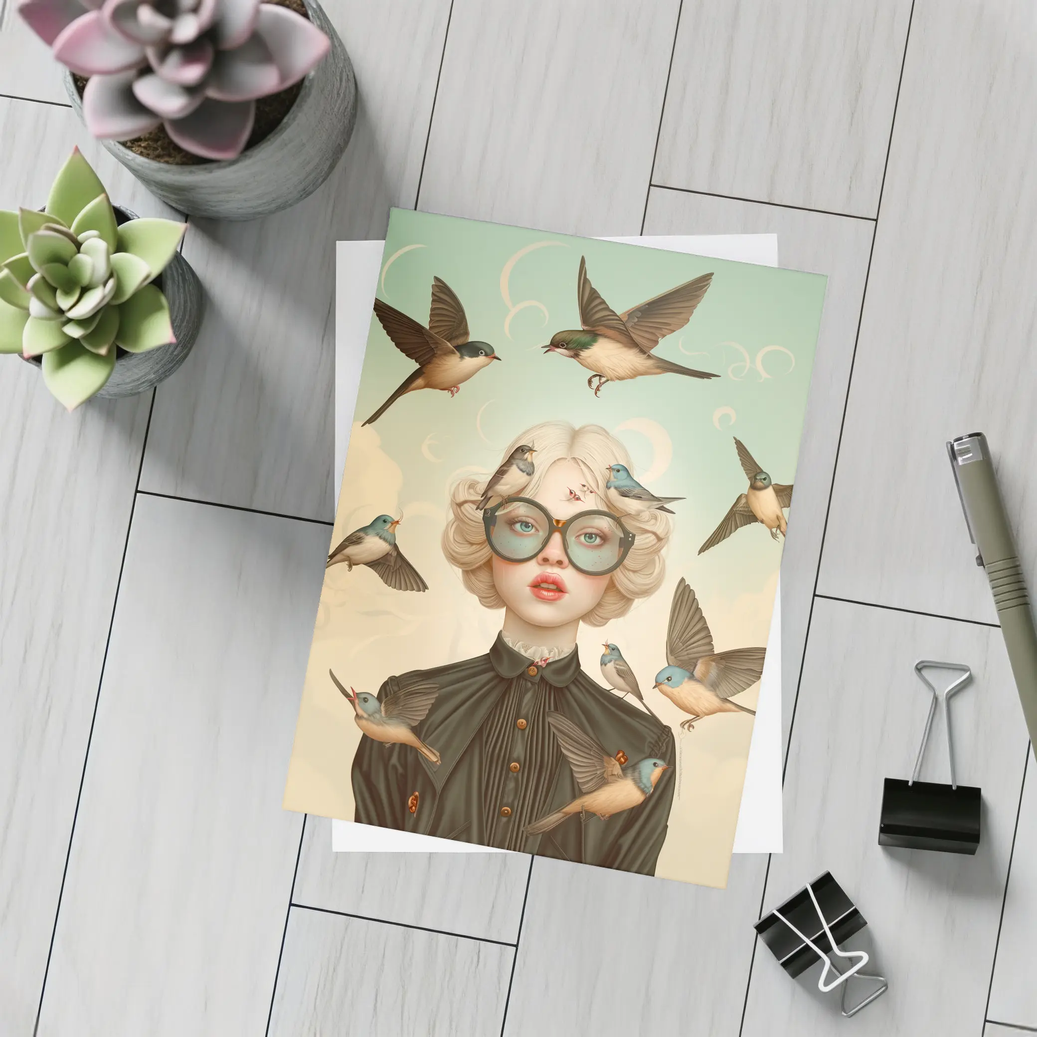 Blonde Woman Birds Surreal Pop Art – Postcards