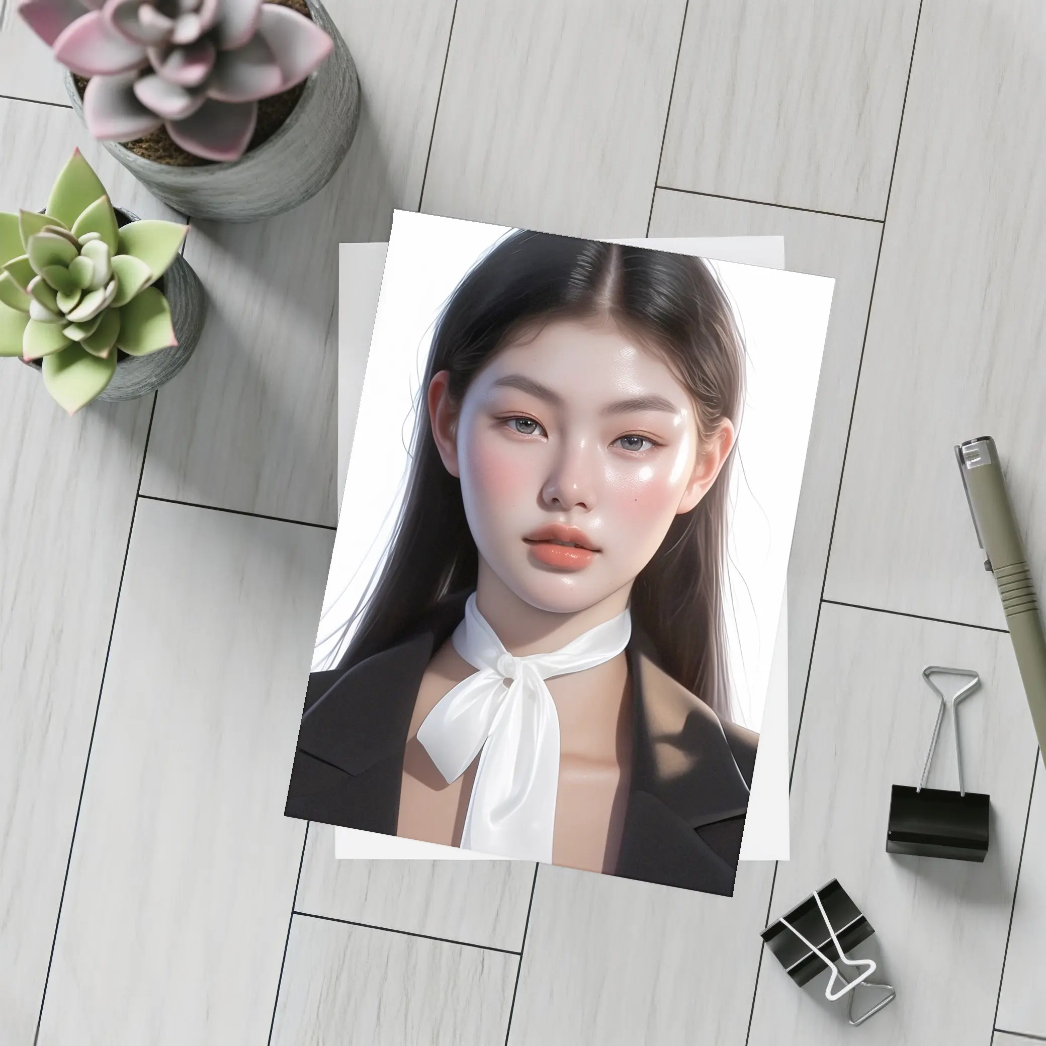 Asian Woman Portrait Digital Art White Background – Postcards