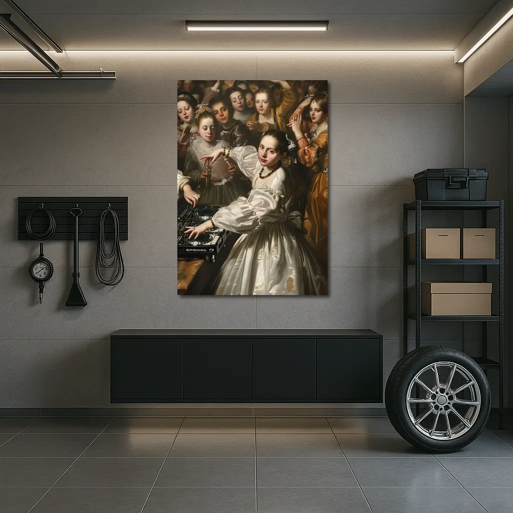 Baroque Woman DJ Spinning at Party – Wall Art