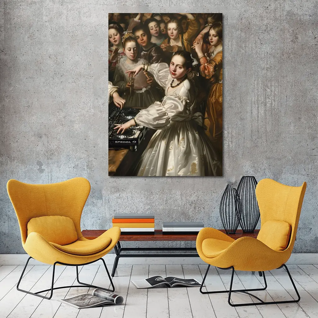Baroque Woman DJ Spinning at Party – Wall Art