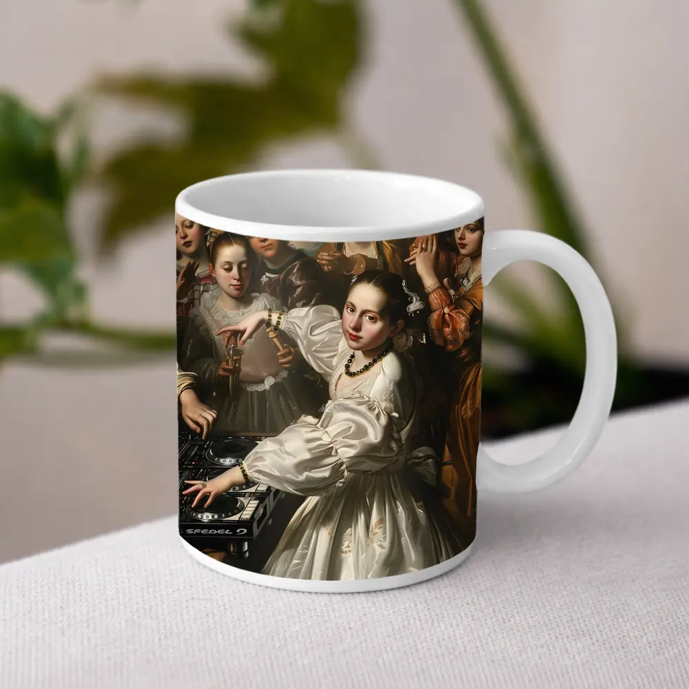 Baroque Woman DJ Spinning at Party – Mugs