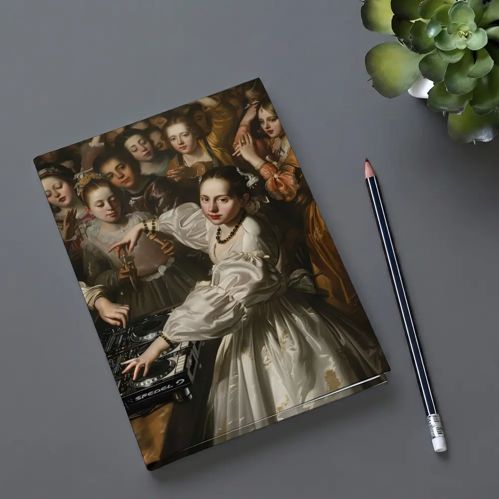Baroque Woman DJ Spinning at Party – Notebooks
