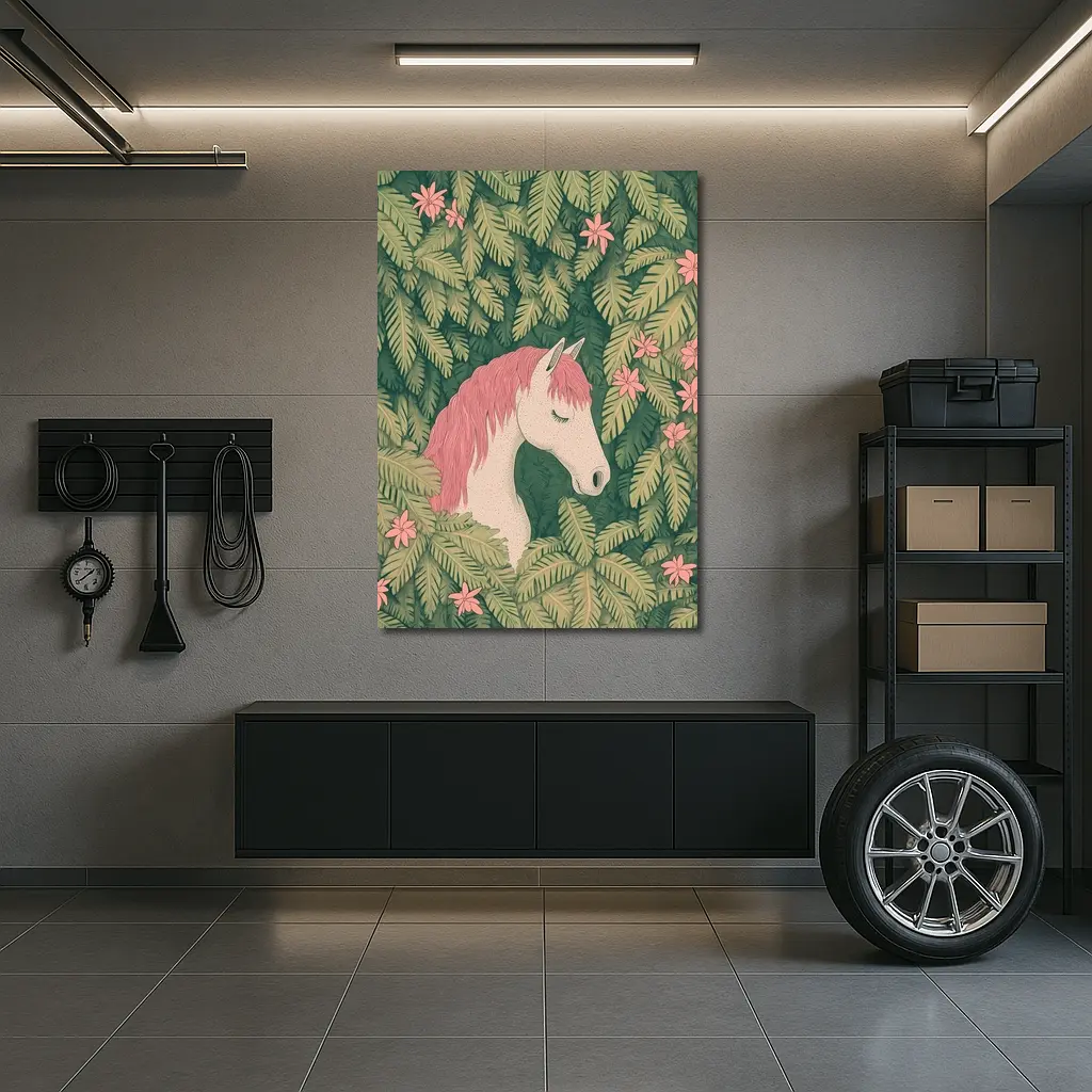 White Horse Pink Mane Tropical Leaves Floral – Wall Art