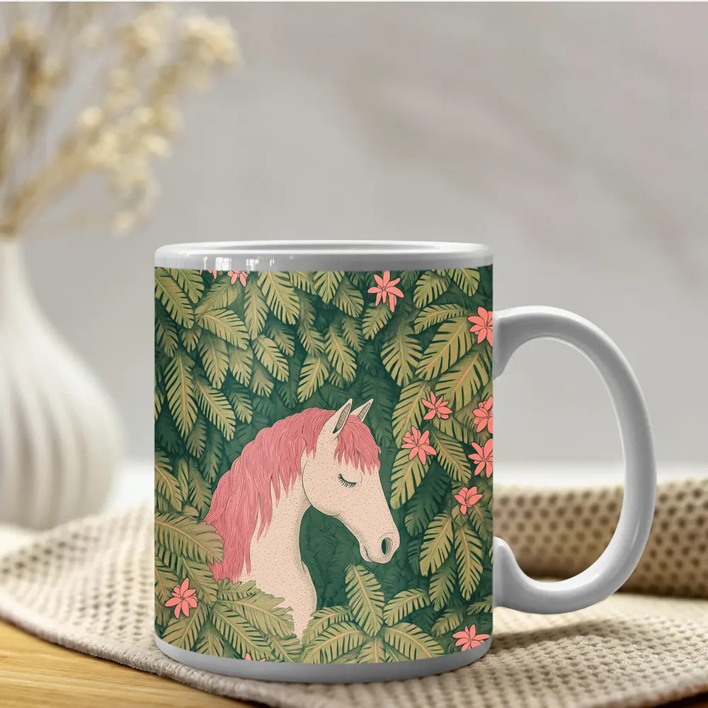 White Horse Pink Mane Tropical Leaves Floral – Mugs