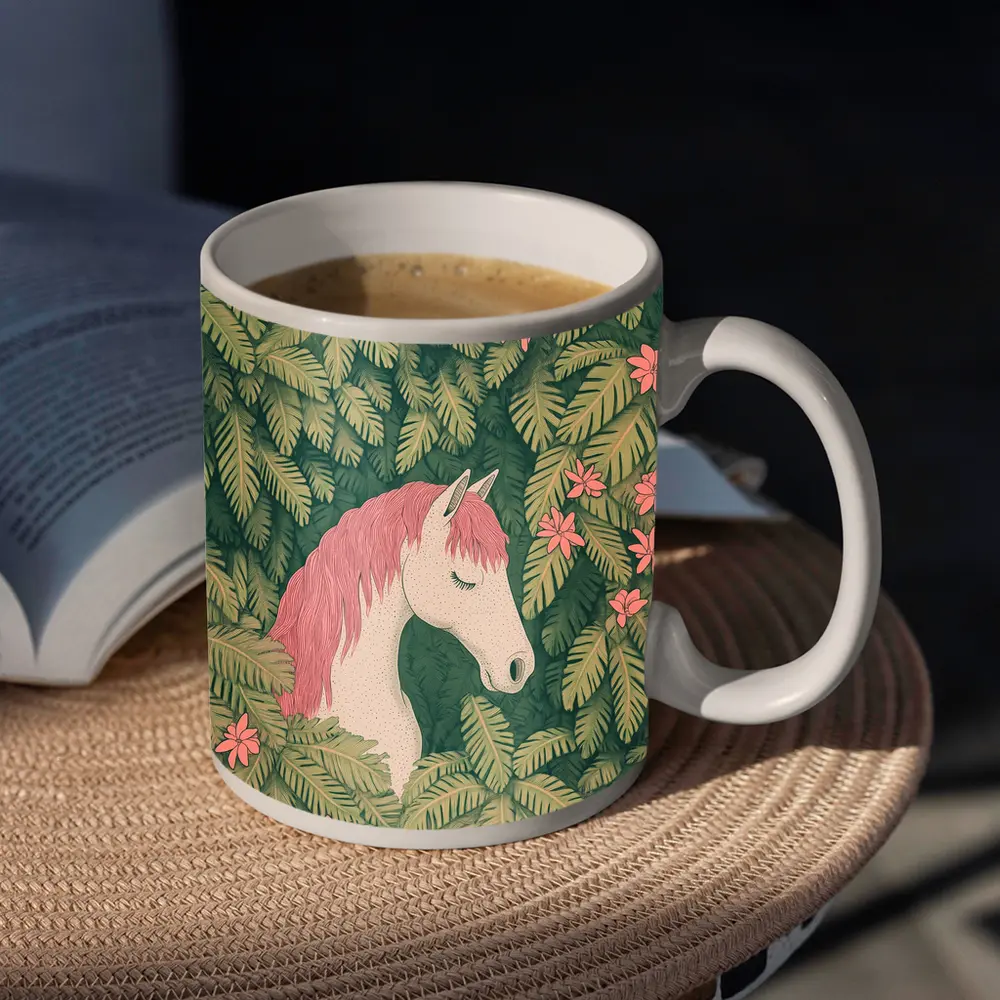 White Horse Pink Mane Tropical Leaves Floral – Mugs