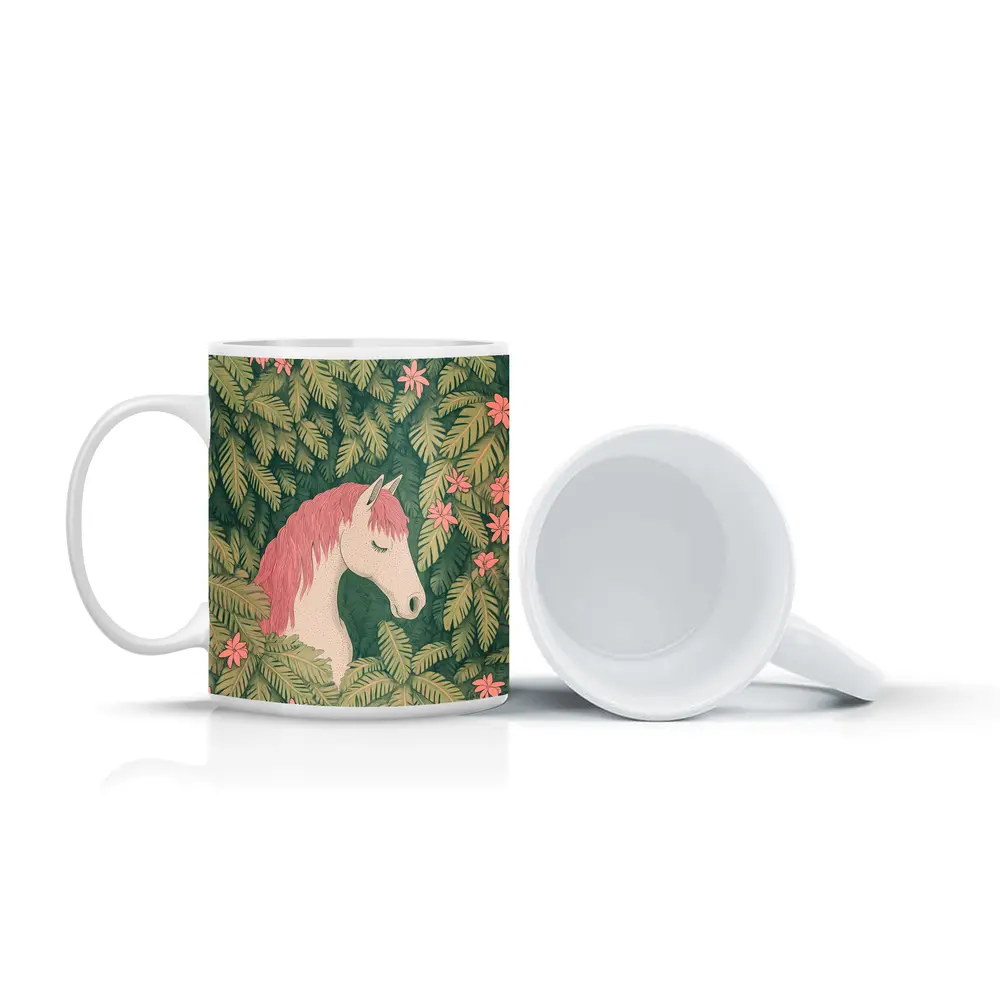 White Horse Pink Mane Tropical Leaves Floral – Mugs
