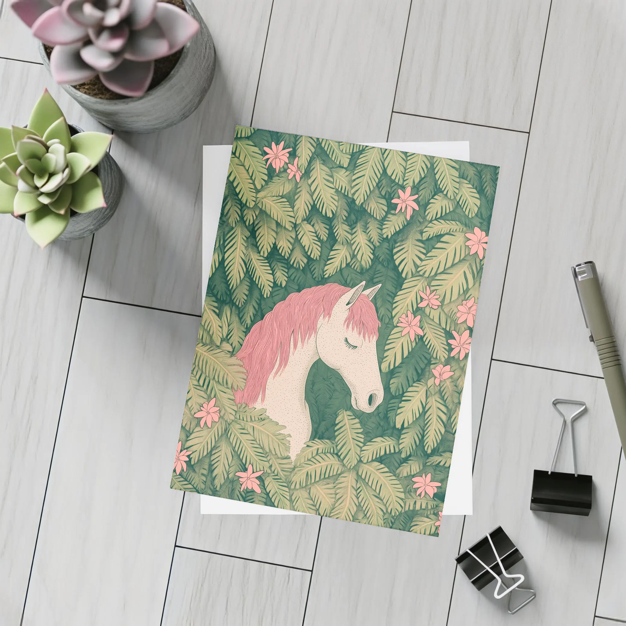 White Horse Pink Mane Tropical Leaves Floral – Postcards
