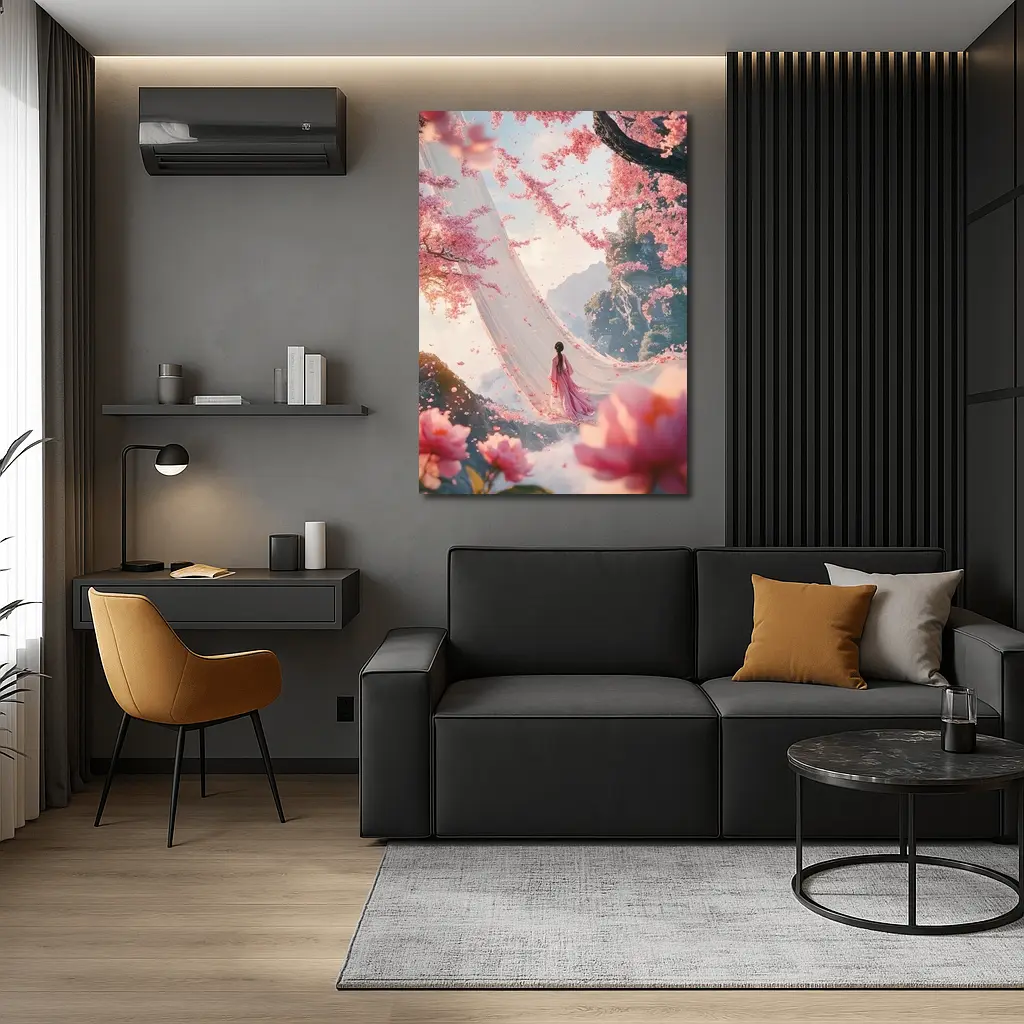 Woman in Pink Cherry Blossom Fantasy Scene – Wall Art