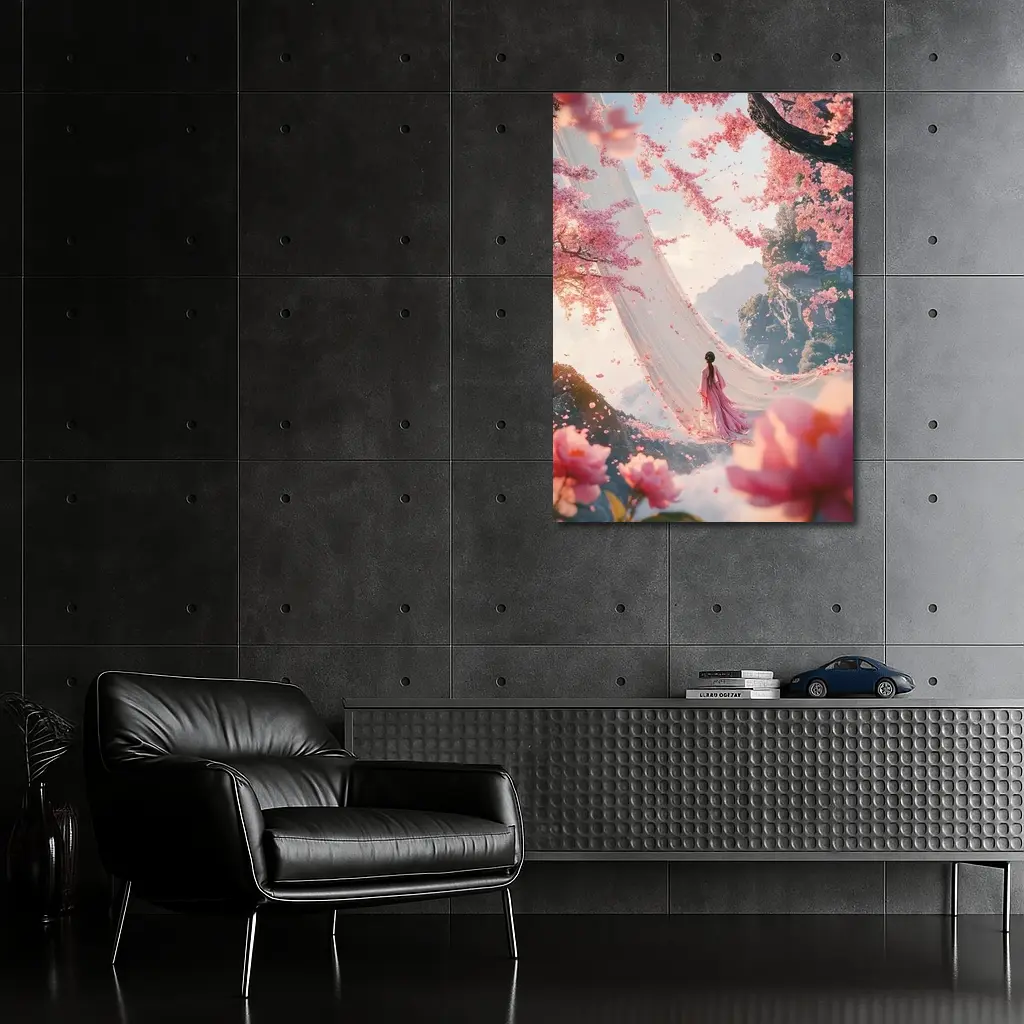 Woman in Pink Cherry Blossom Fantasy Scene – Wall Art