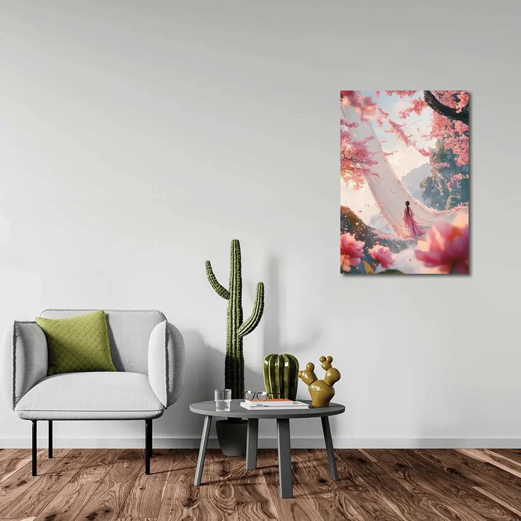 Woman in Pink Cherry Blossom Fantasy Scene – Wall Art