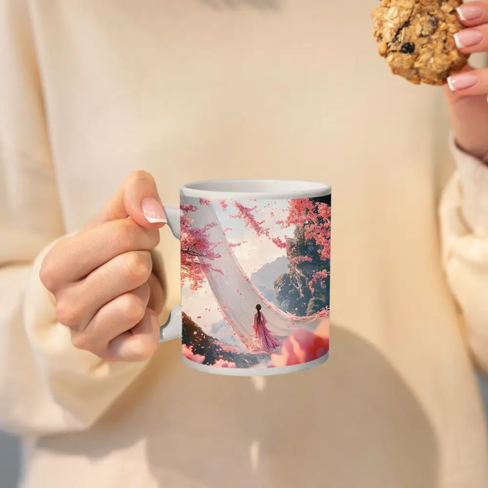 Woman in Pink Cherry Blossom Fantasy Scene – Mugs