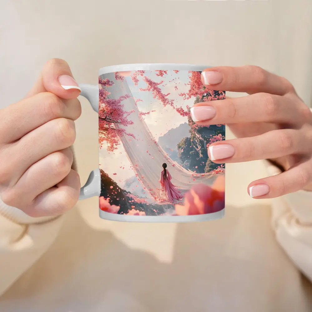 Woman in Pink Cherry Blossom Fantasy Scene – Mugs