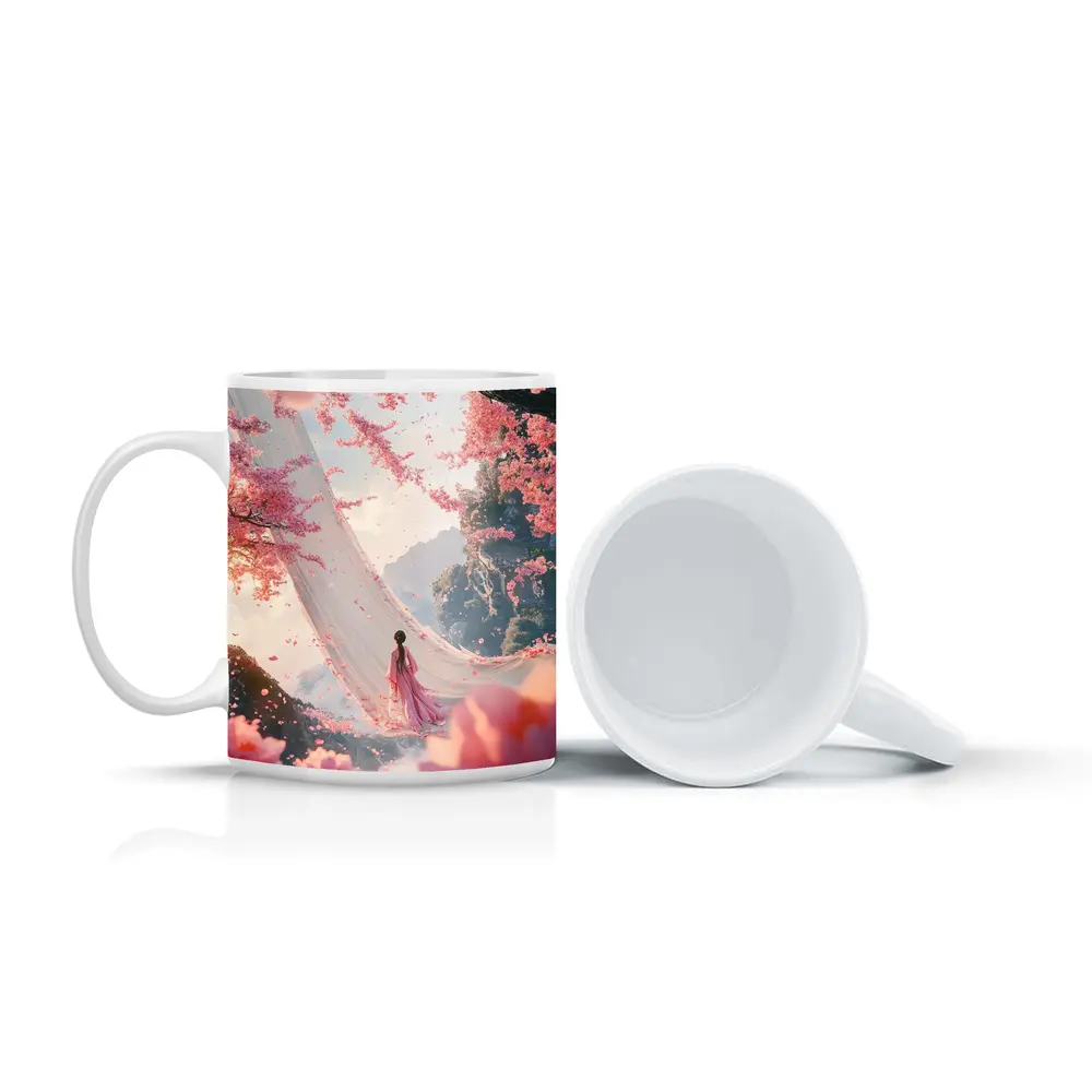 Woman in Pink Cherry Blossom Fantasy Scene – Mugs