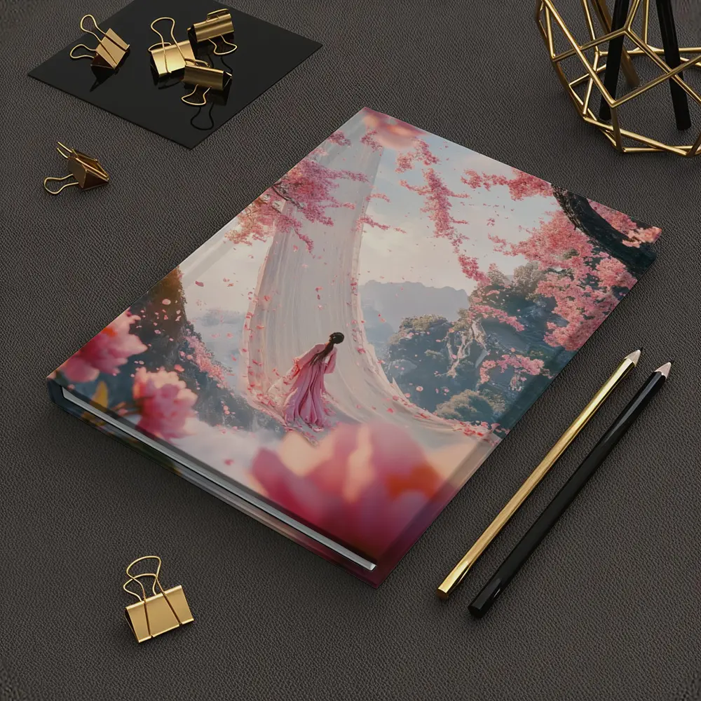 Woman in Pink Cherry Blossom Fantasy Scene – Notebooks