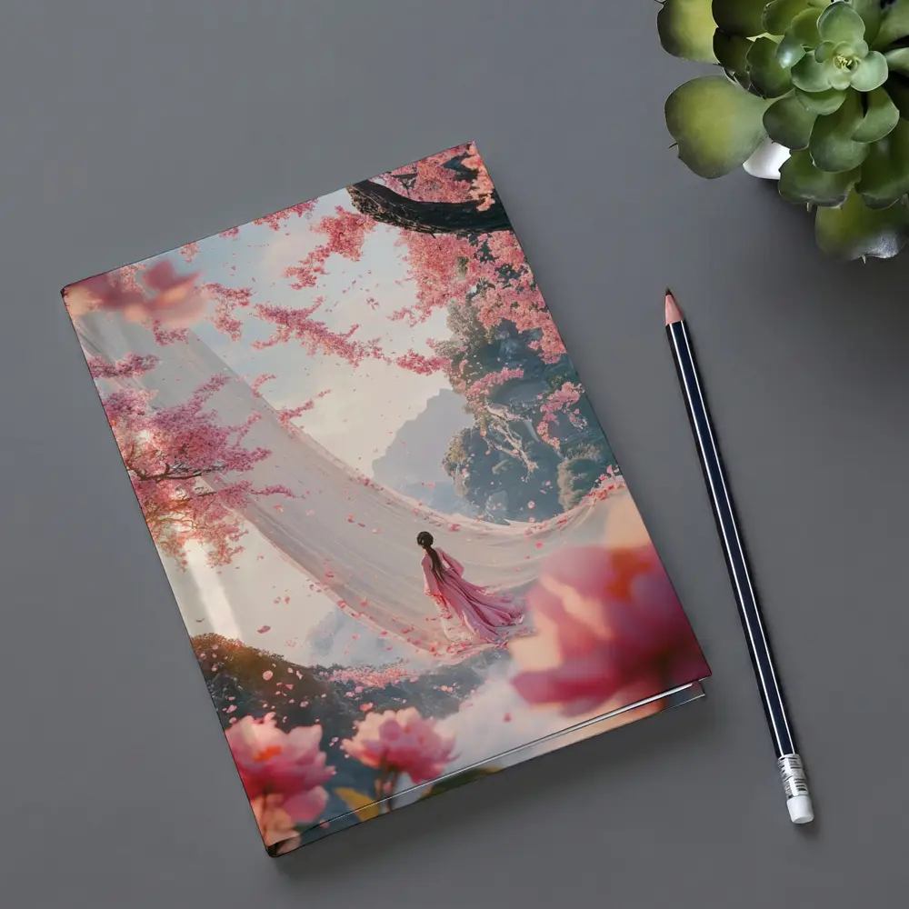Woman in Pink Cherry Blossom Fantasy Scene – Notebooks