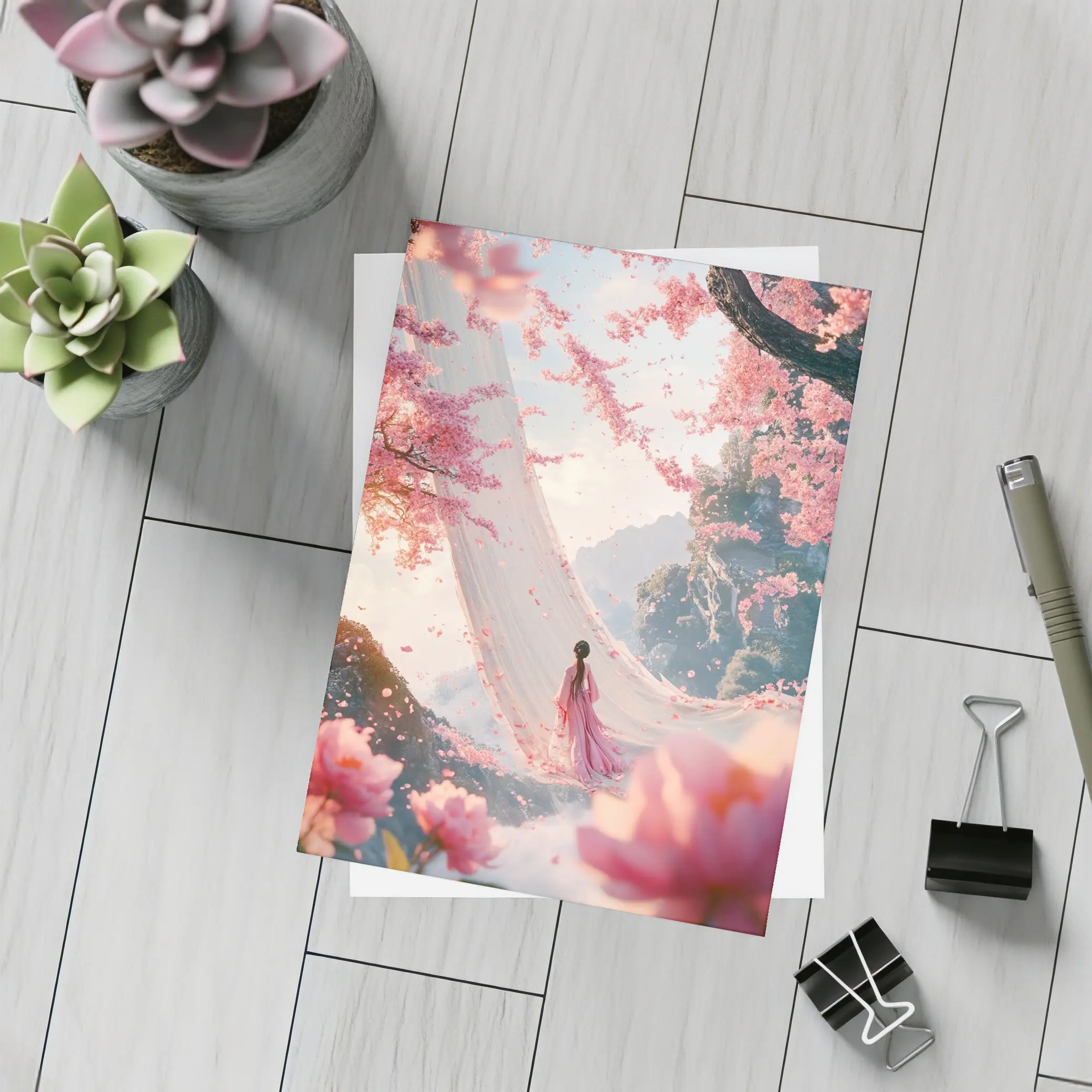 Woman in Pink Cherry Blossom Fantasy Scene – Postcards