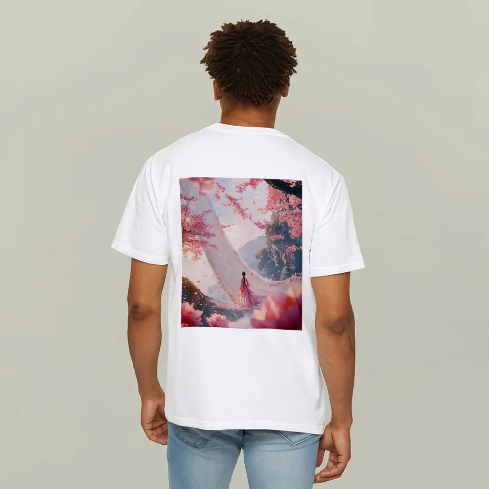 Woman in Pink Cherry Blossom Fantasy Scene – T-Shirts