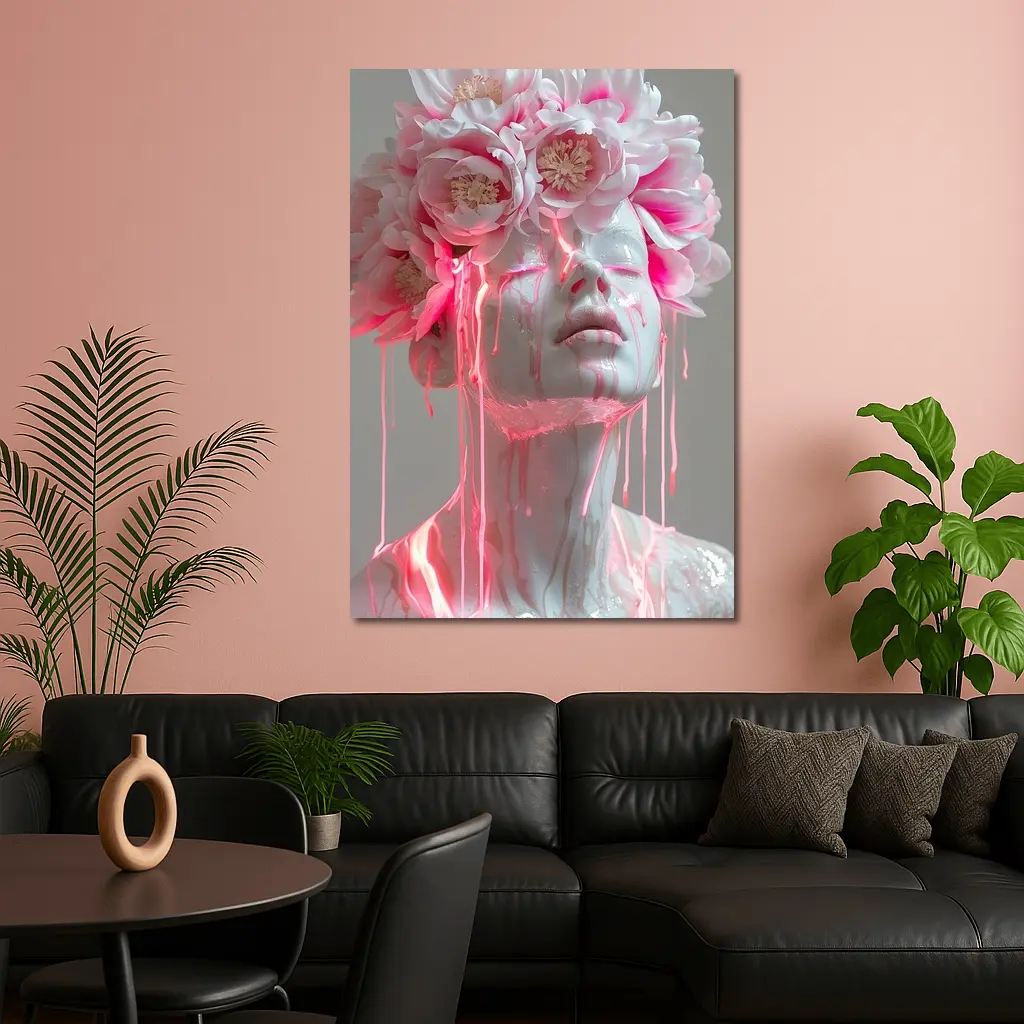 White Sculpture Peony Crown Pink Dripping Art – Wall Art