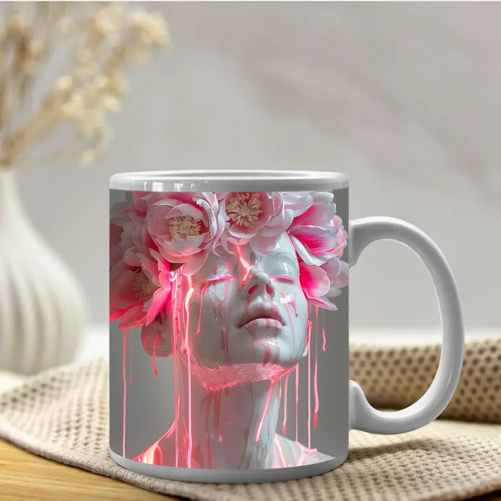 White Sculpture Peony Crown Pink Dripping Art – Mugs