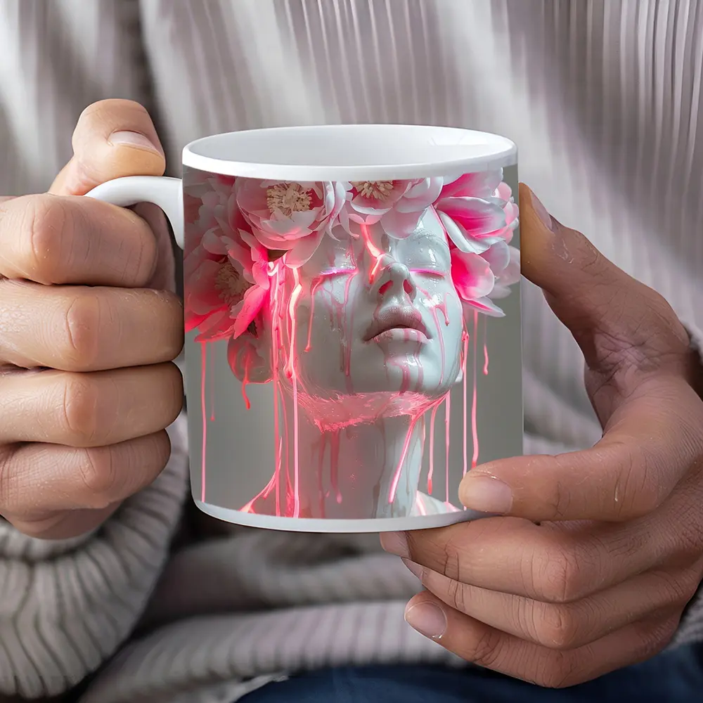 White Sculpture Peony Crown Pink Dripping Art – Mugs