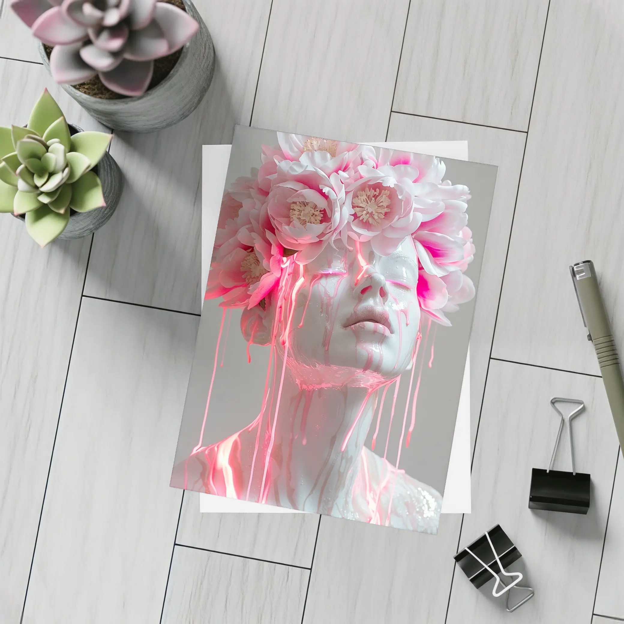 White Sculpture Peony Crown Pink Dripping Art – Postcards